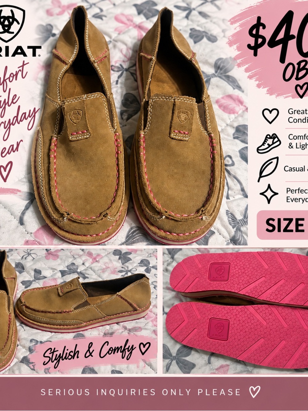 Ariat Kids Tan Suede Slip-On Moccasins with Pink Accents